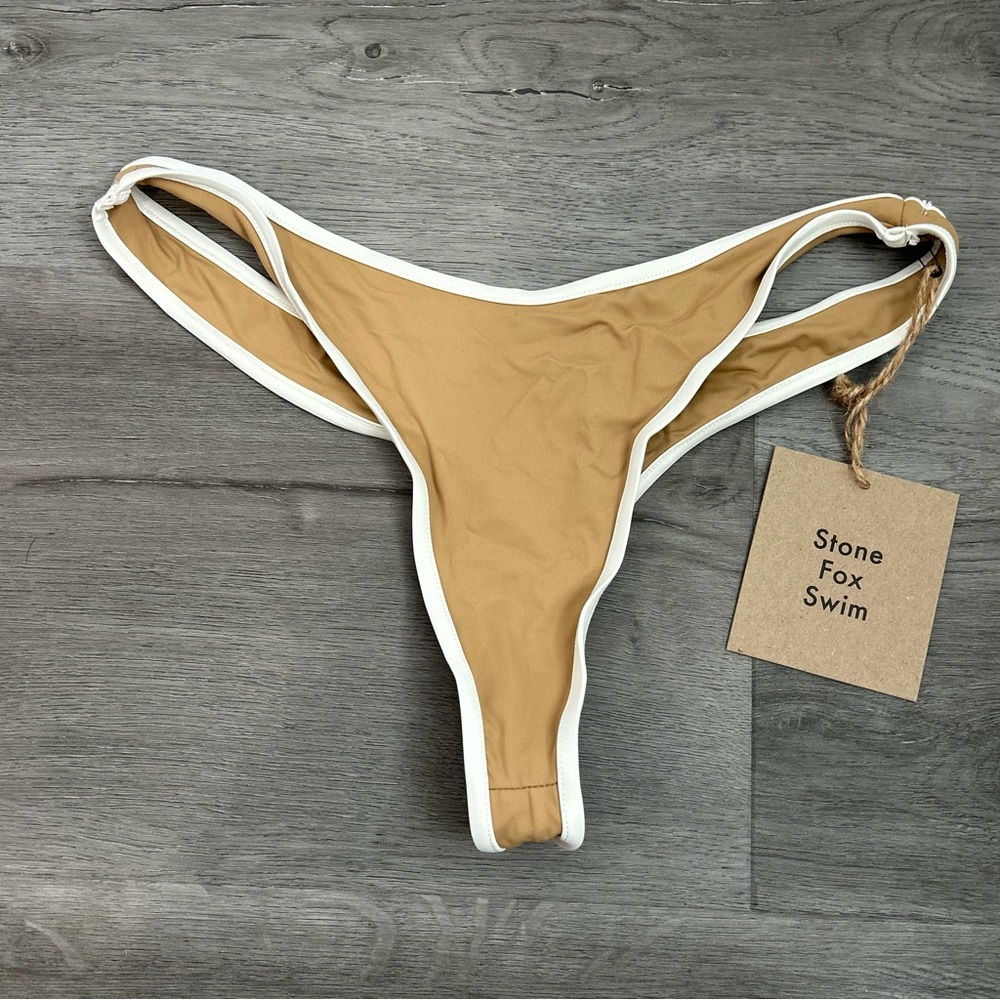NWT‎ stone fox swim brown tan thong bikini bottom size medium women’s